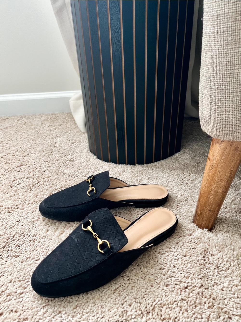 Black Quilted Slip-On Loafers with Gold Chain Accent